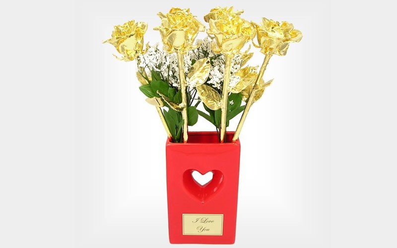 6 18-Inch Gold Dipped Roses & Engraved Valentine's Day Vase