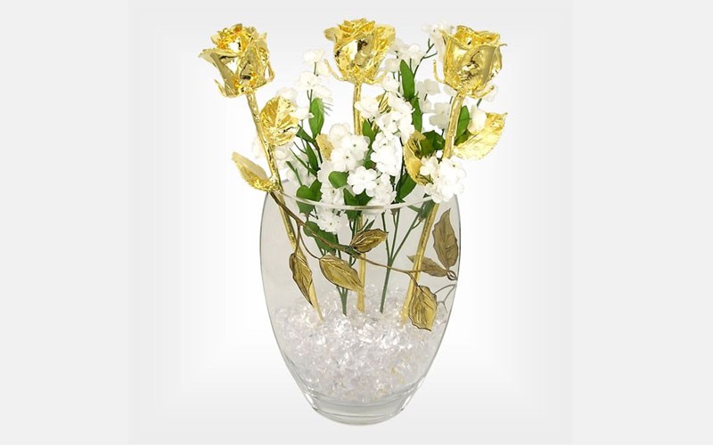 18-Inch Past, Present & Future 24k Roses & Gold Leaves Vase
