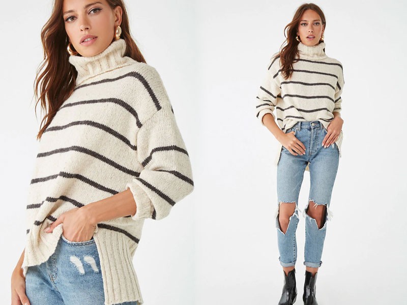 Striped High-Low Turtleneck Sweater