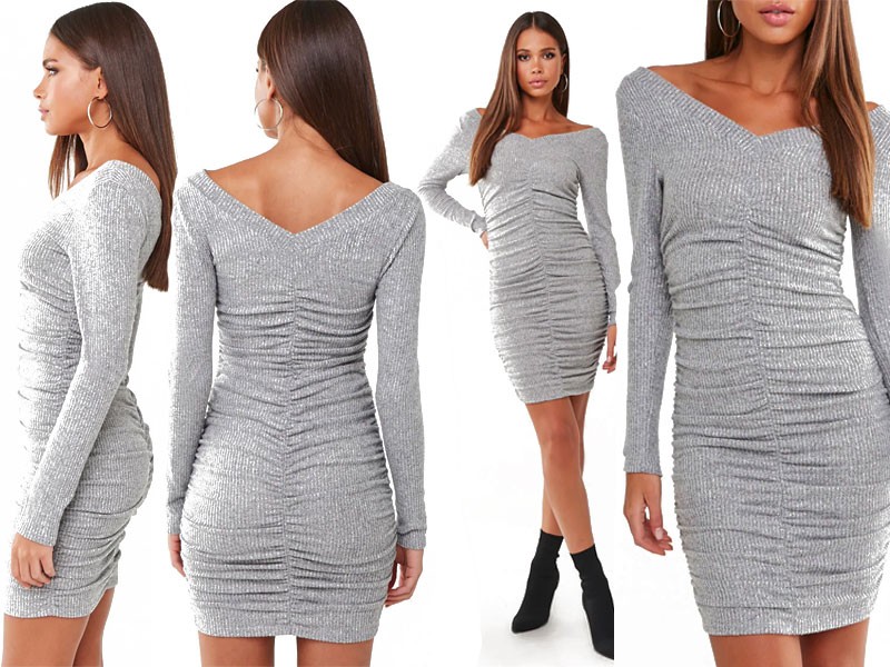 Ruched Ribbed Knit Mini Dress For Women