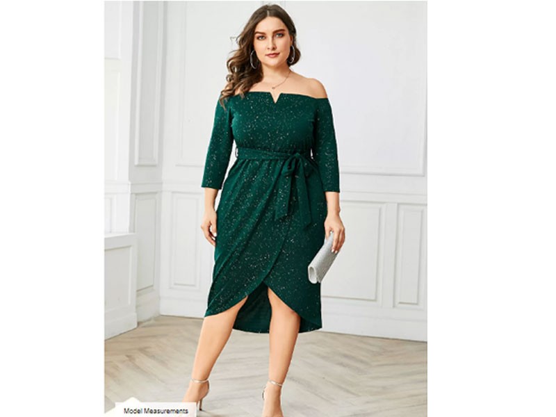 Yoins Plus Size Green Belt Design Off The Shoulder Glitter Dress For Women