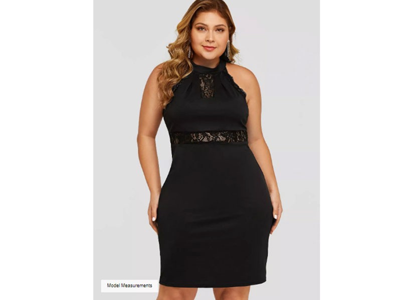 Plus Size Black Crochet Lace Embellished Halter Women's Dress