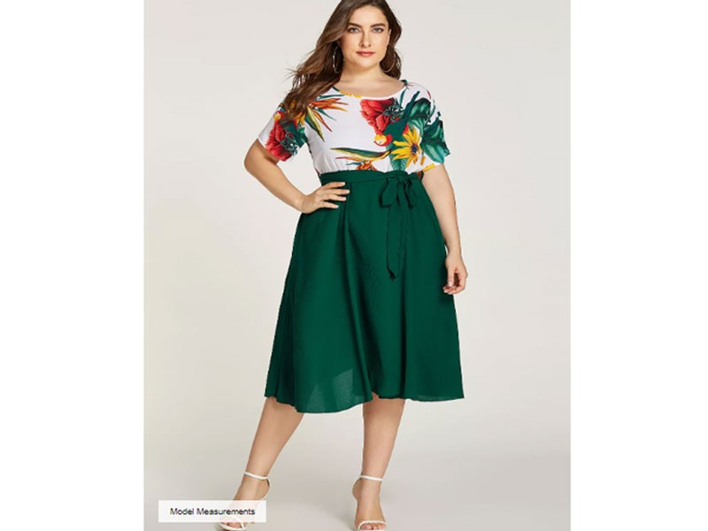 Plus Size Green Random Women's Floral Print Self-tie Design Dress