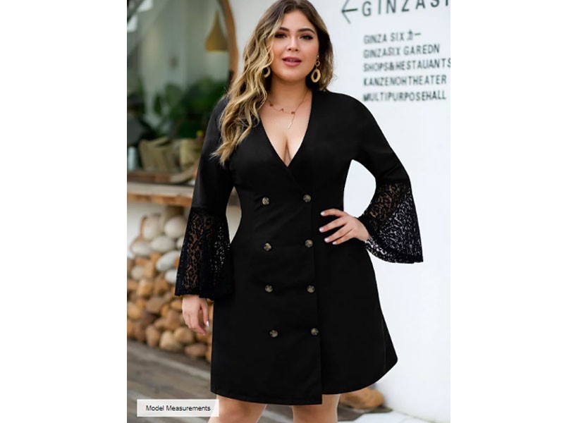 Plus Size Women's Black Front Button Deep V Neck Lace Dress