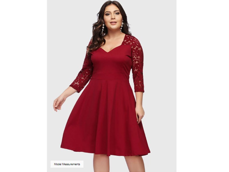 Plus Size Burgundy Lace V-neck Dress For Women