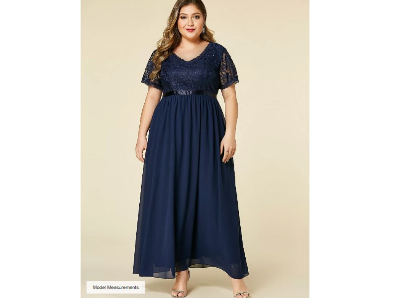 Yoins Plus Size Navy Lace Insert Short Sleeves Dress For Women