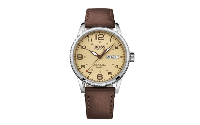 Hugo Boss Pilot Edition Mens Watch - Leather Strap - Beige Dial - Day/Date - 50m