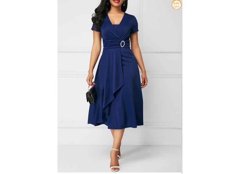 Asymmetric Hem Royal Blue Short Sleeve Dress For Women