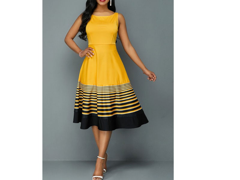 Stripe Print Sleeveless High Waist Dress For Women
