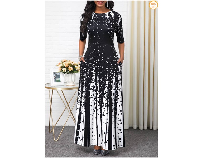 Round Neck Half Sleeve Printed Maxi Dress For Women