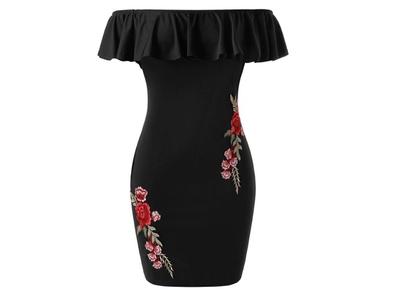 Women's Plus Size Embroidered Flower Ruffle Fitted Dress