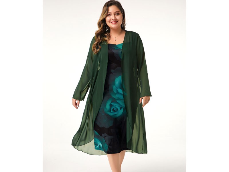 Plus Size Women's Long Sleeve Chiffon Cardigan and Flower Print Dress
