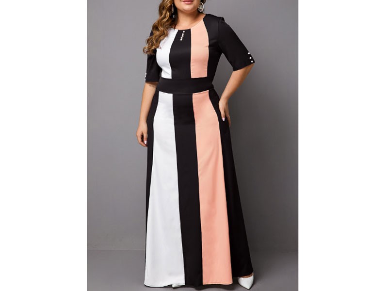 Women's Half Sleeve Plus Size Color Block Maxi Dress