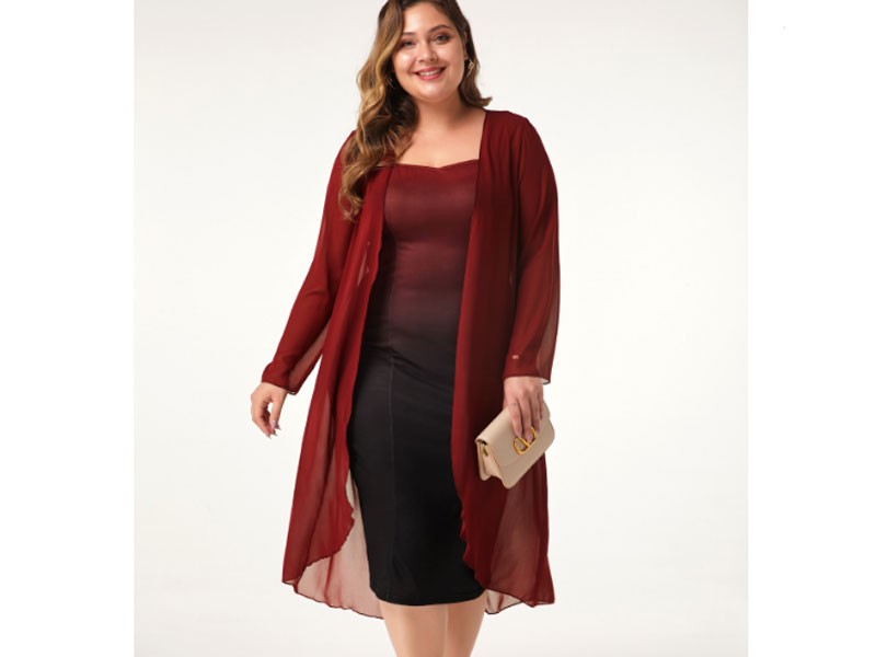 Women's Red Chiffon Cardigan and Gradient Plus Size Dress