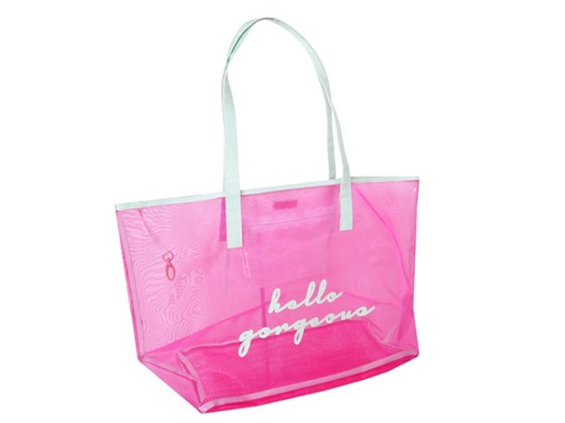 Hot Pink Mesh Madison Women's Tote with Green Stripe Hello Gorgeous