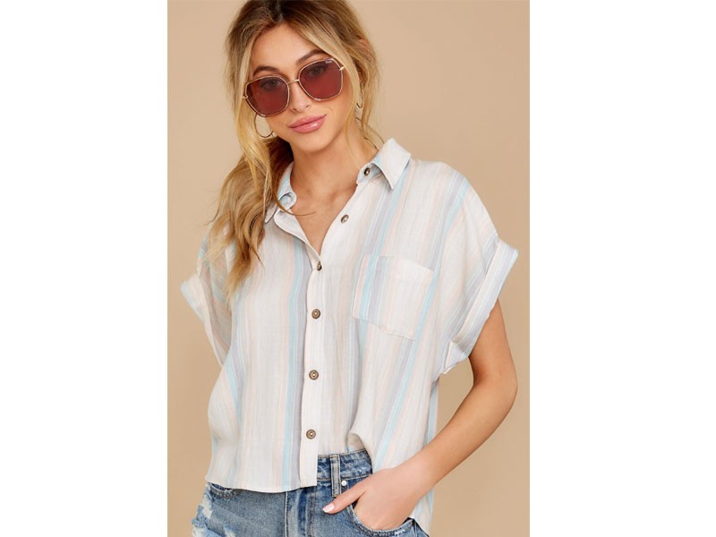 Play For Keeps Beige Multi Stripe Button Up Crop Top For Women