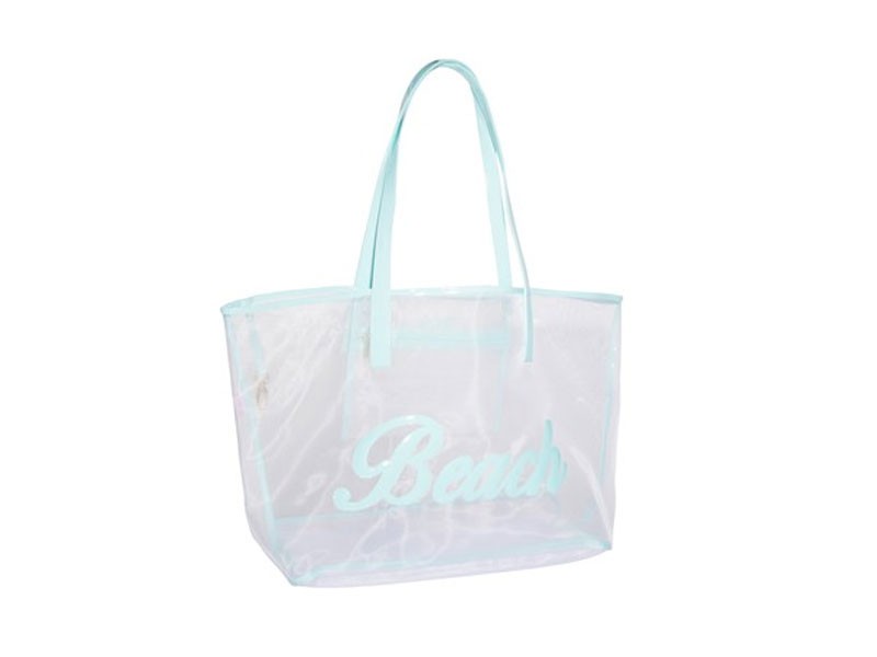 White Mesh Madison Tote with Light Blue Beach Script