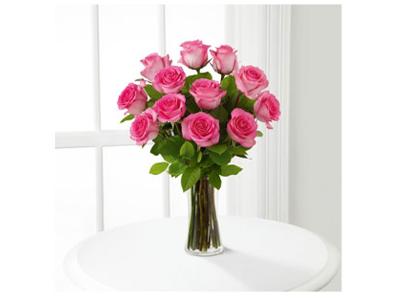 One Dozen Pink Roses With Vase