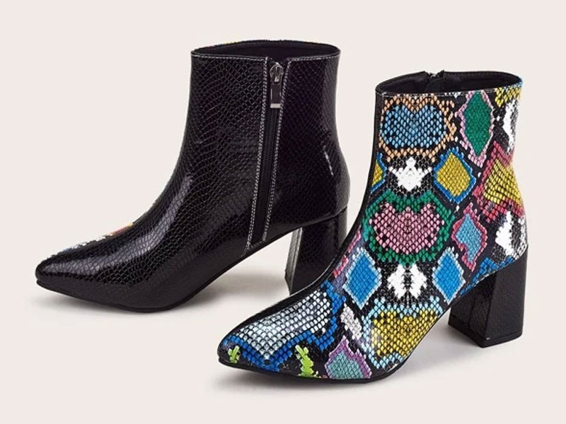 Snakeskin Chunky Heeled Ankle Boots For Women