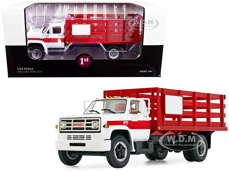 GMC 6500 Stake Truck White and Red 1/34 Diecast Model by First Gear