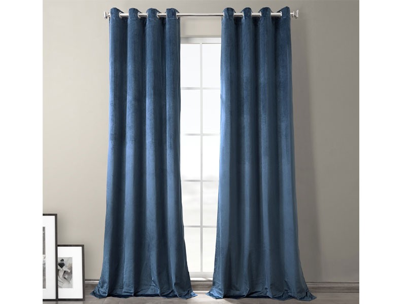 Baroness Blue Plush Velvet Hotel Blackout Grommet Curtain