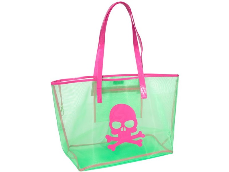 Women's Green Mesh Madison Tote With Pink Skull