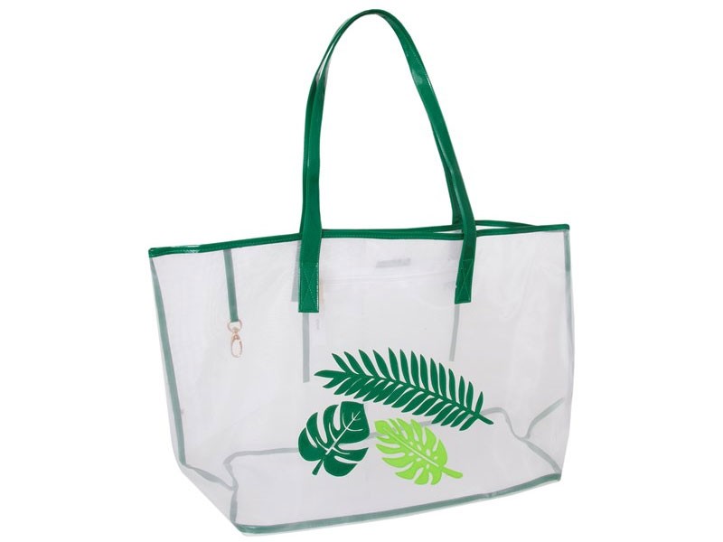 White Mesh Women's Madison Tote With Hunter Green Tropical Leaves