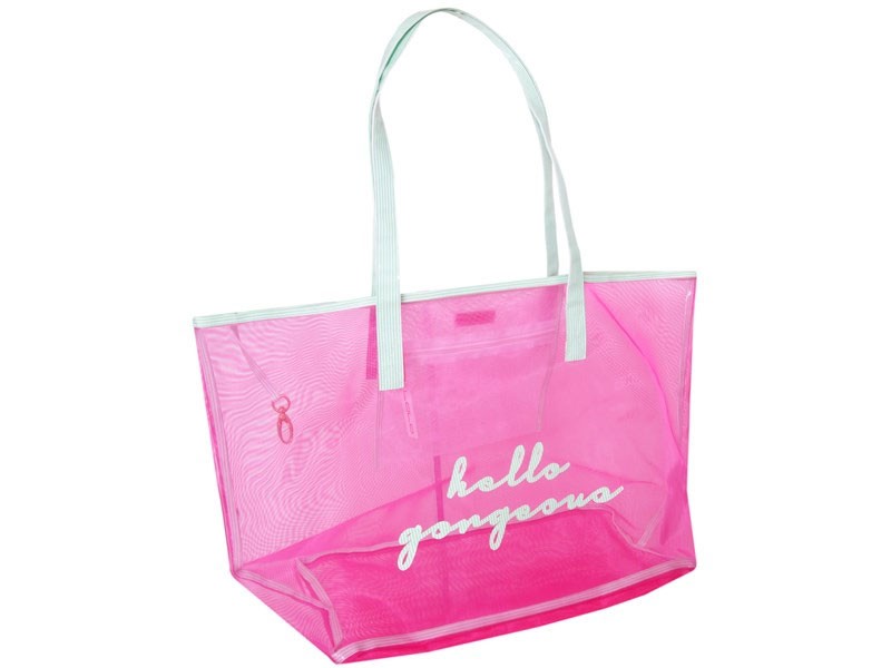 Hot Pink Mesh Women's Madison Tote with Green Stripe Hello Gorgeous