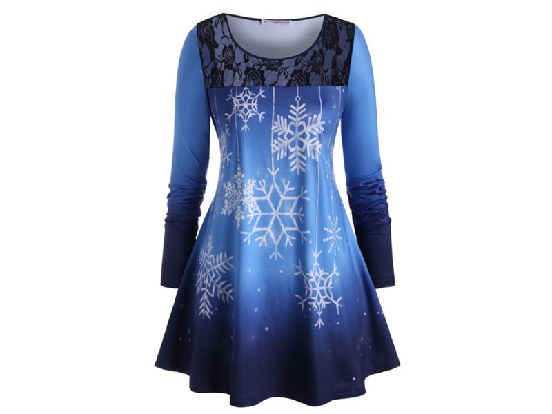 Plus Size Christmas Snowflake Lace Panel Long Sleeve Tee For Women