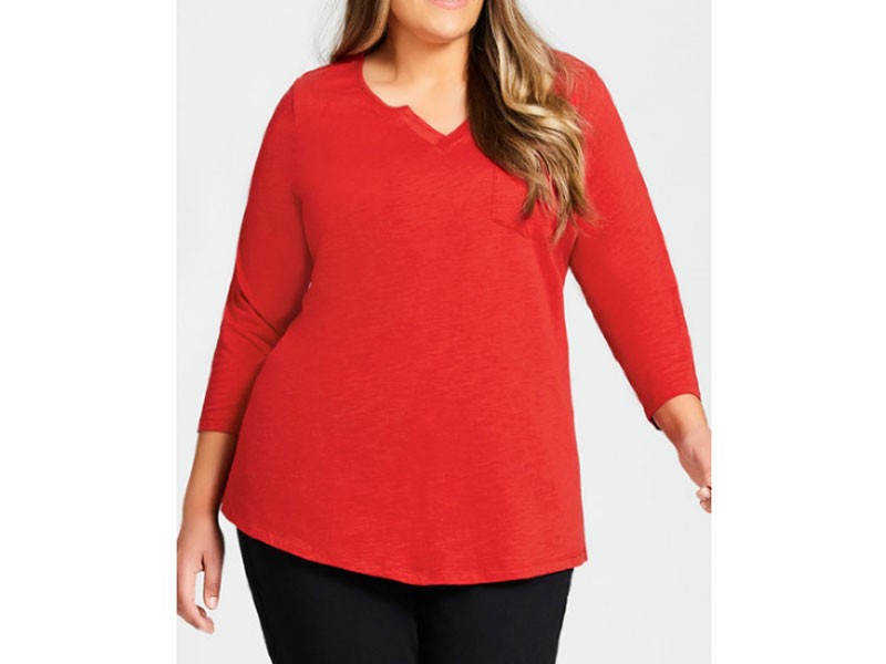 3/4 Sleeve Notch Plus Size Neck Tee For Women