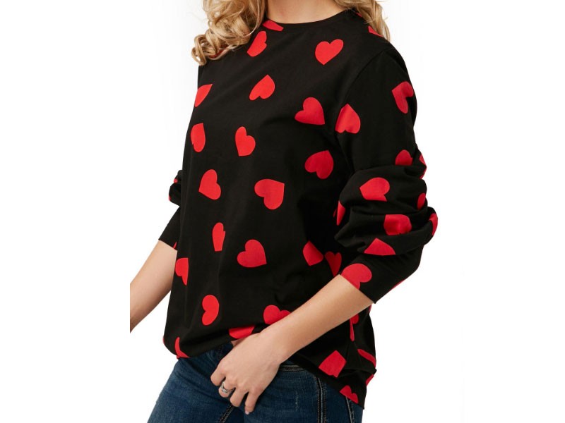 Modlily Design Blouson Sleeve Round Neck Heart Print T-Shirt For Women