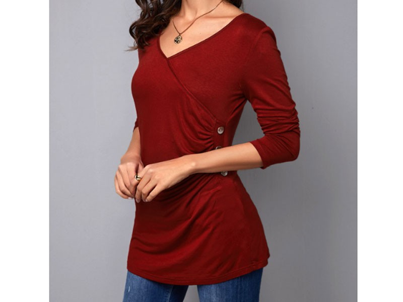 Modlily Design V Neck Wine Red Button Detail T-Shirt For Women
