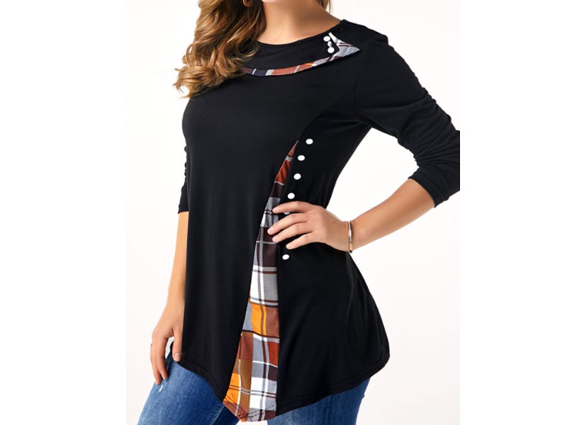 Modlily Design Button Detail Plaid Print Long Sleeve T-Shirt For Women