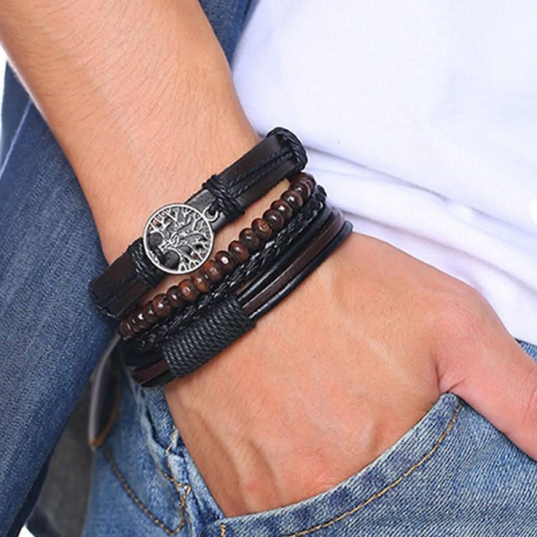 Vnox 4Pcs Set Braided Wrap Leather Bracelets For Men