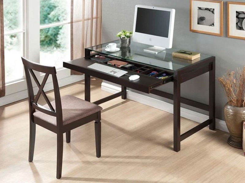 Wholesale Interiors Dark Brown Wood Modern Desk With Glass Top