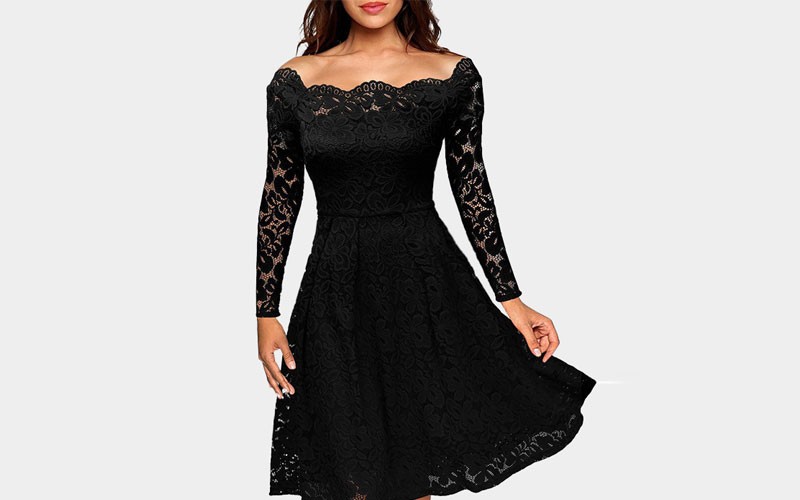 Black Lace Off Shoulder Long Sleeves Party Dress