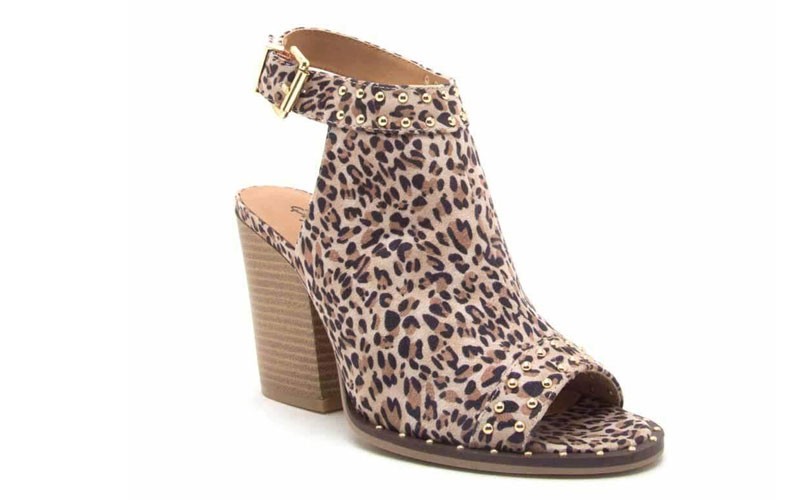 Qupid Shoes Barnes Studded Leopard Peep Toe Booties in Camel print
