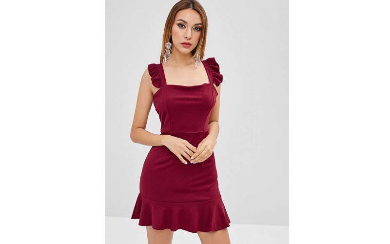 Ruffled Mini Party Dress Red Wine Women Dress