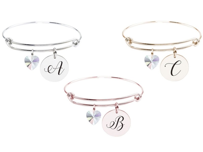 Stainless Steel Initial Bangle made with Crystals