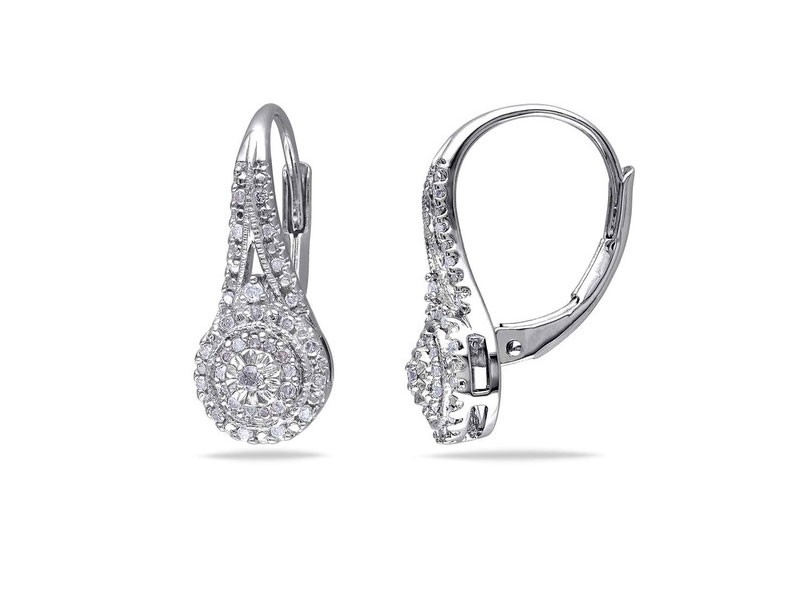 Amour Diamond Halo Leverback Earrings in Sterling Silver