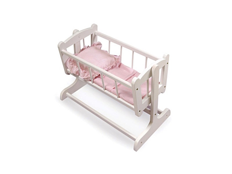Rocking Doll Cradle With Pink Gingham Bedding For Dolls