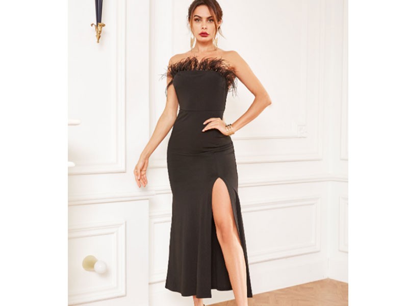 Women's Black Patch Split Design Strapless Dress
