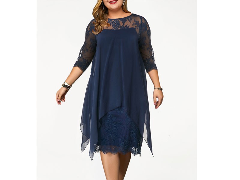 Lace Panel Overlay Plus Size Straight Dress