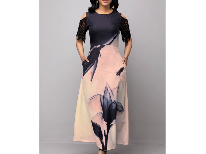 Women's Lotus Print Lace Panel Cold Shoulder Maxi Dress