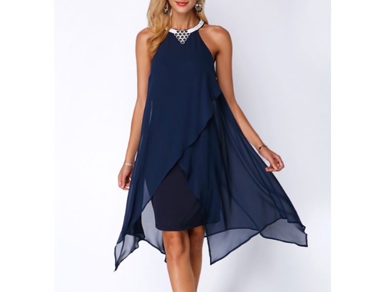 Women's Embellished Neck Asymmetric Hem Chiffon Overlay Dress