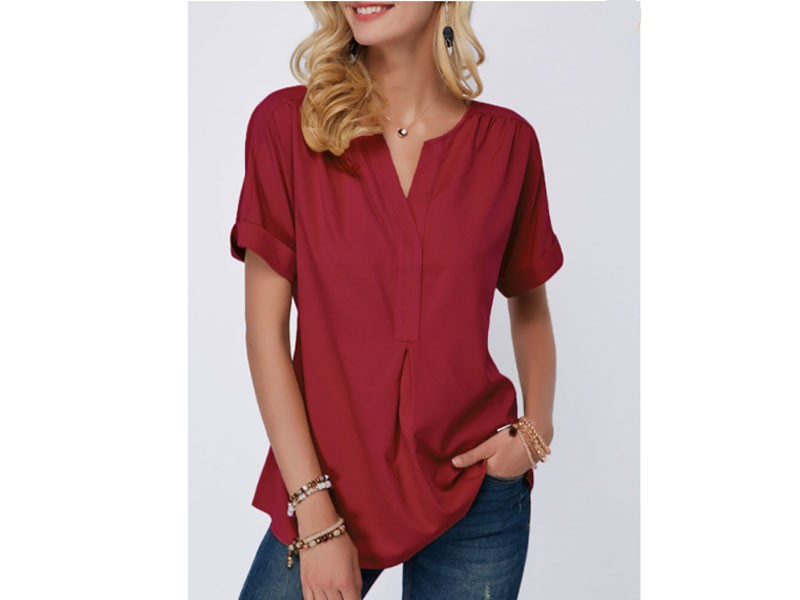 Split Neck Short Sleeve Wine Red Blouse For Women