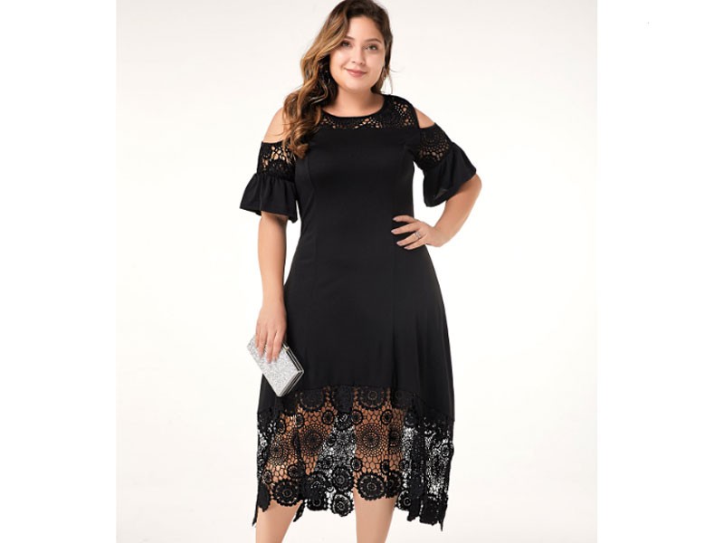 Cold Shoulder Lace Patchwork Plus Size Black Dress For Women