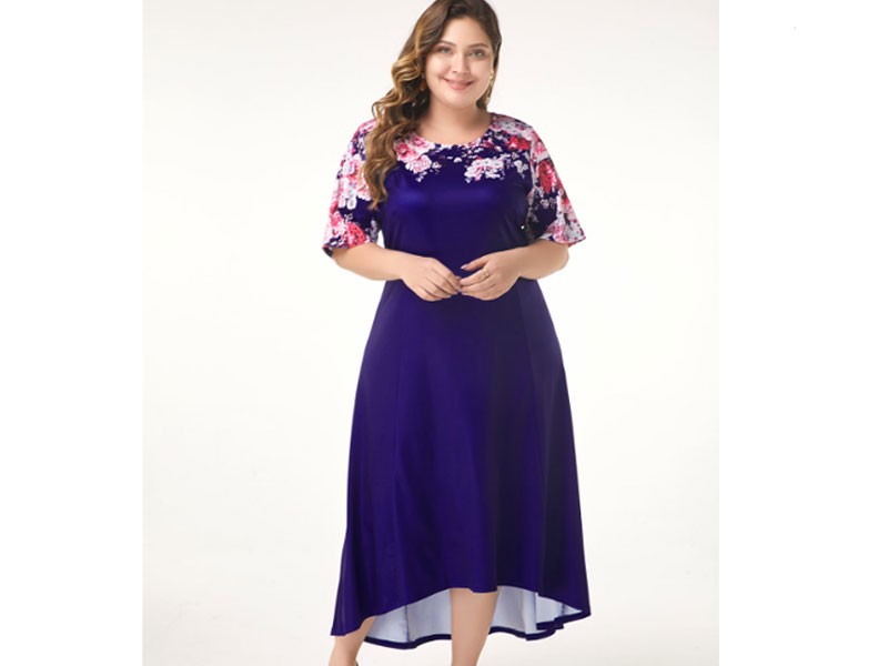 Plus Size Women's Flower Print Dip Hem Dress