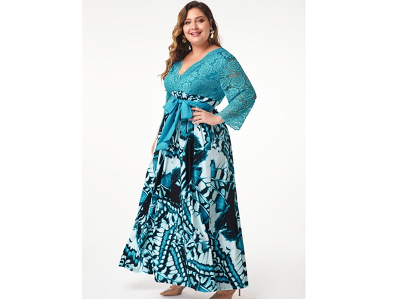 Women's Belted Lace Panel Printed Plus Size Maxi Dress