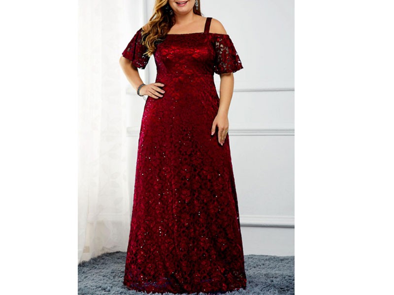 Plus Size Women's Sequin Embellished Cold Shoulder Lace Dress